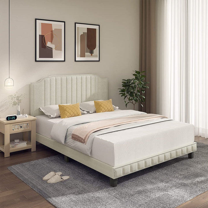 Giantex Queen/Full/Twin Size Upholstered Bed Frame, Linen Platform Bed w/Rivet Headboard, Heavy Duty Mattress Foundation