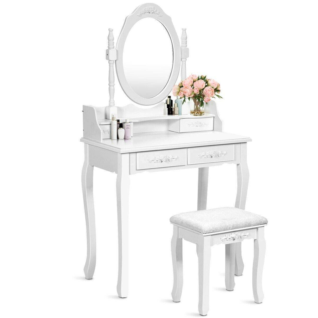 Vanity Table Set with Oval Mirror and 4 Drawers (White) - Giantexus