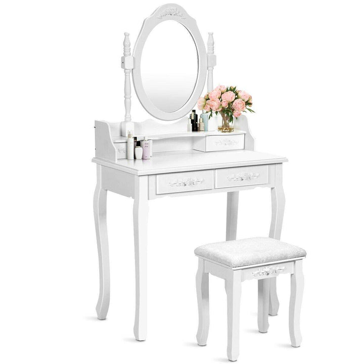 Vanity Table Set with Oval Mirror and 4 Drawers (White) - Giantexus