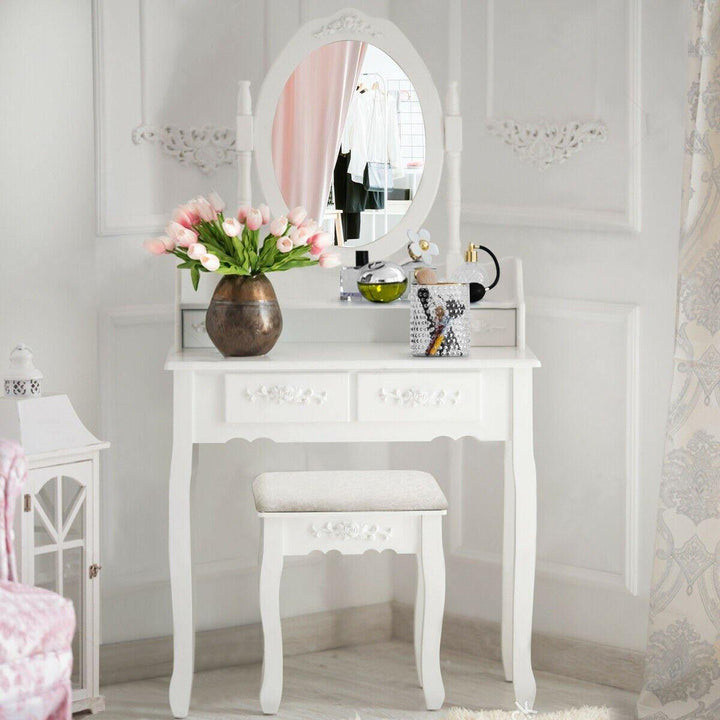 Vanity Table Set with Oval Mirror and 4 Drawers (White) - Giantexus