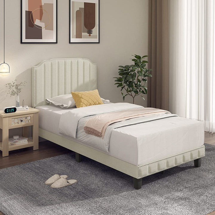 Giantex Queen/Full/Twin Size Upholstered Bed Frame, Linen Platform Bed w/Rivet Headboard, Heavy Duty Mattress Foundation